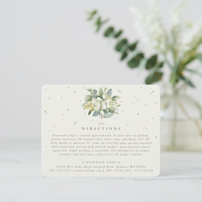 Cream Snowberry+Eucalyptus Bouquet Directions Enclosure Card (Standing Front)