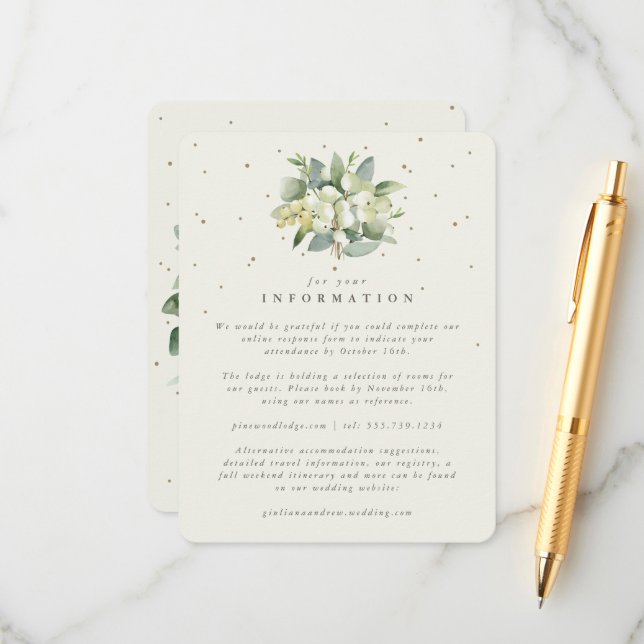 Cream Snowberry+Eucalyptus Bouquet Wedding Info Enclosure Card (Front/Back In Situ)