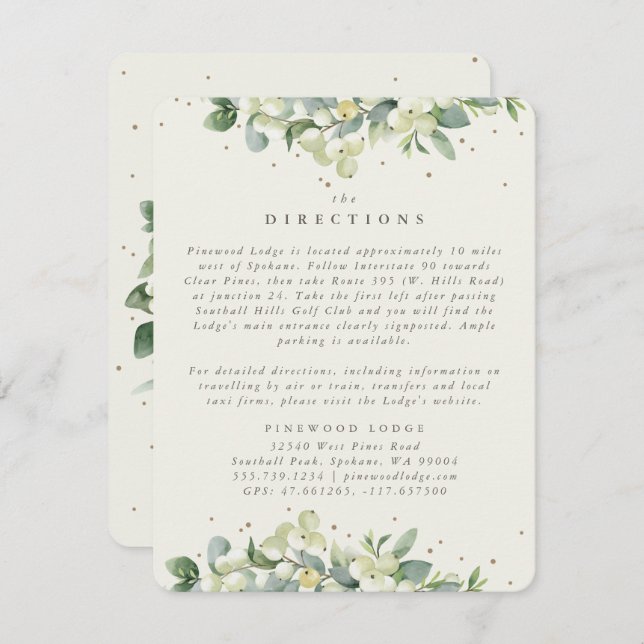 Cream Snowberry+Eucalyptus Edged Directions Enclosure Card (Front/Back)