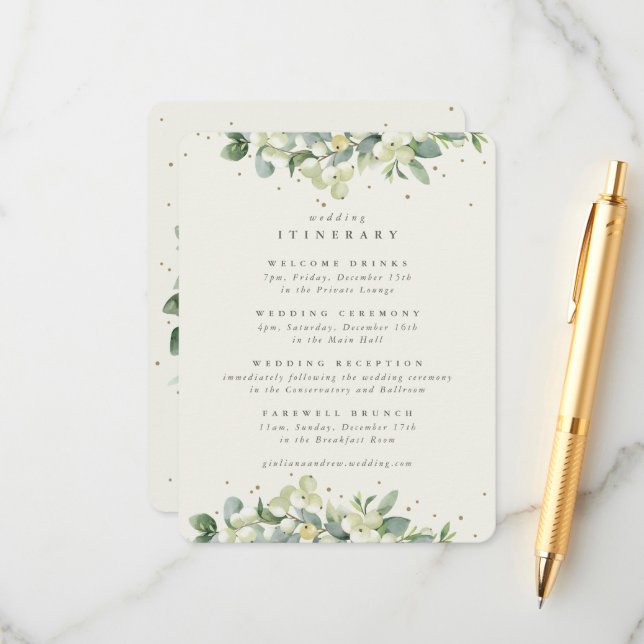 Cream Snowberry+Eucalyptus Edged Wedding Itinerary Enclosure Card (Front/Back In Situ)