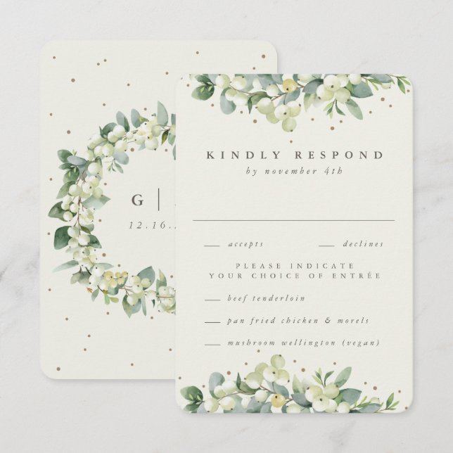 Cream Snowberry+Eucalyptus Edged Winter Wedding RSVP Card (Front/Back)