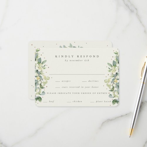 Cream SnowberryEucalyptus Edged Winter Wedding RSVP Card