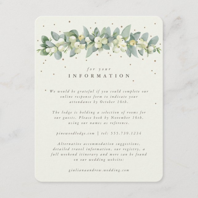 Cream Snowberry+Eucalyptus Garland Wedding Info Enclosure Card (Front)