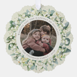 Cream Snowberry+Eucalyptus Holiday Wreath Photo  Ornament Card