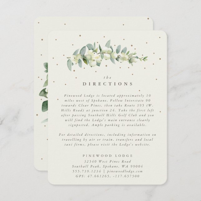 Cream Snowberry+Eucalyptus Stem Wedding Directions Enclosure Card (Front/Back)