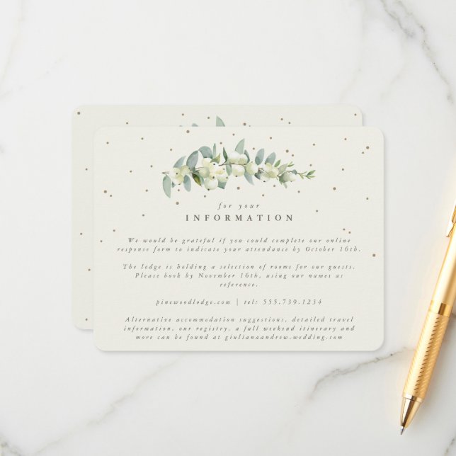 Cream Snowberry+Eucalyptus Stem Wedding Info Enclosure Card (Front/Back In Situ)