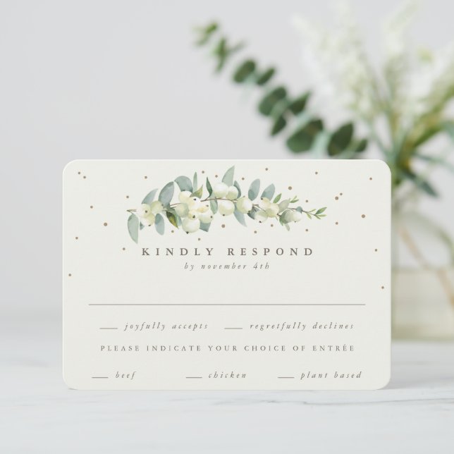 Cream Snowberry+Eucalyptus Stem Winter Wedding RSVP Card (Standing Front)