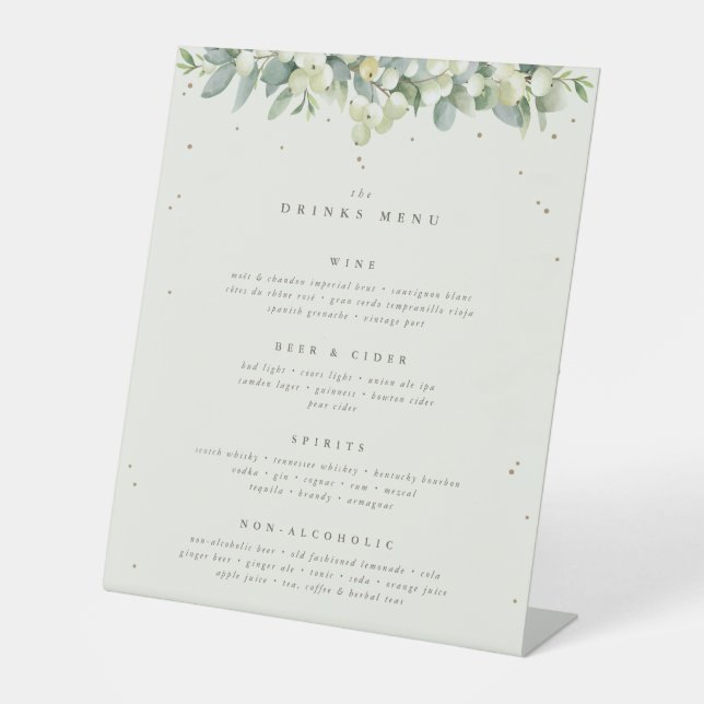 Cream Snowberry+Eucalyptus Wedding Drinks/Bar Menu Pedestal Sign (Front)