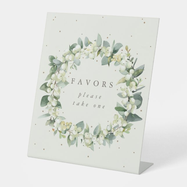 Cream Snowberry+Eucalyptus Wedding Favors Table Pedestal Sign (Front)