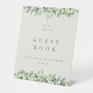 Cream Snowberry+Eucalyptus Wedding Guest Book Pedestal Sign