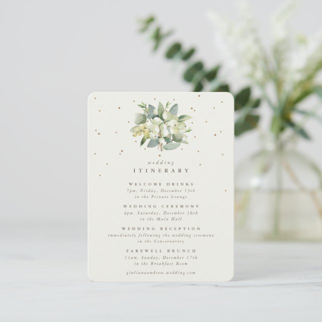 Cream Snowberry+Eucalyptus Wedding Itinerary Enclosure Card (Standing Front)