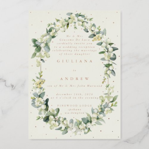 Cream SnowberryEucalyptus Wedding Reception Only Foil Invitation