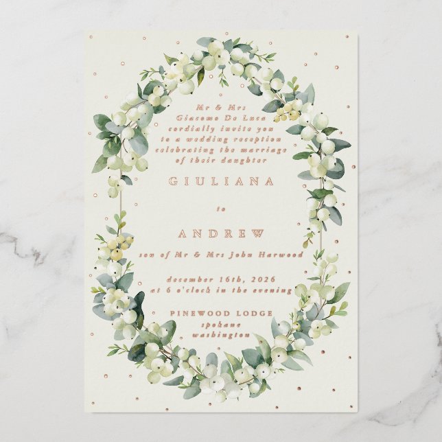 Cream Snowberry+Eucalyptus Wedding Reception Only Foil Invitation (Front)