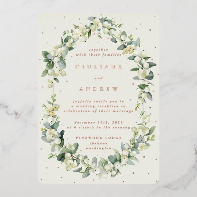 Cream Snowberry+Eucalyptus Wedding Reception Only Foil Invitation (Front)