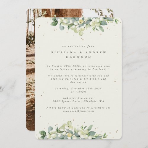 Cream SnowberryEucalyptus Wedding Reception Photo Invitation