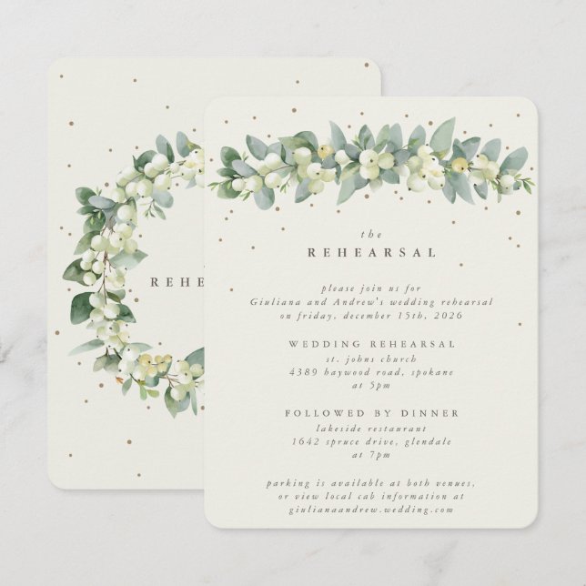 Cream Snowberry+Eucalyptus Wedding Rehearsal Enclosure Card (Front/Back)