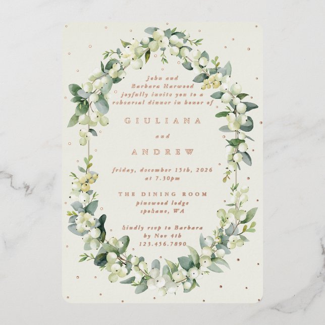 Cream Snowberry+Eucalyptus Wedding Rehearsal Foil Invitation (Front)