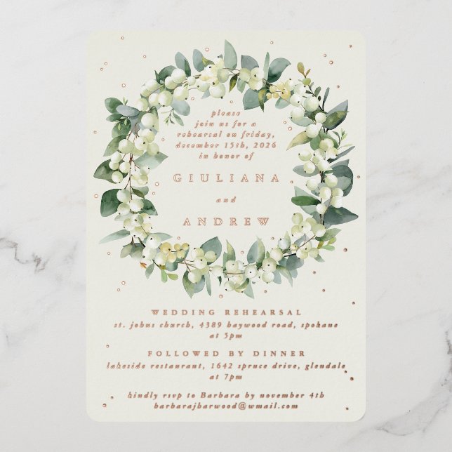 Cream Snowberry+Eucalyptus Wedding Rehearsal Foil Invitation (Front)