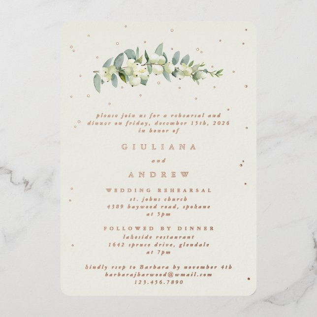 Cream Snowberry+Eucalyptus Wedding Rehearsal Foil Invitation (Front)