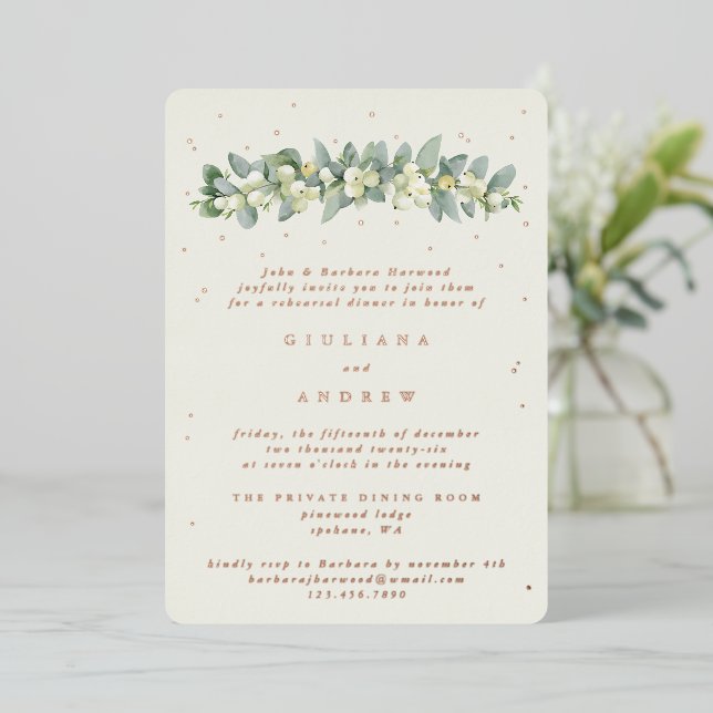 Cream Snowberry+Eucalyptus Wedding Rehearsal Foil Invitation (Standing Front)