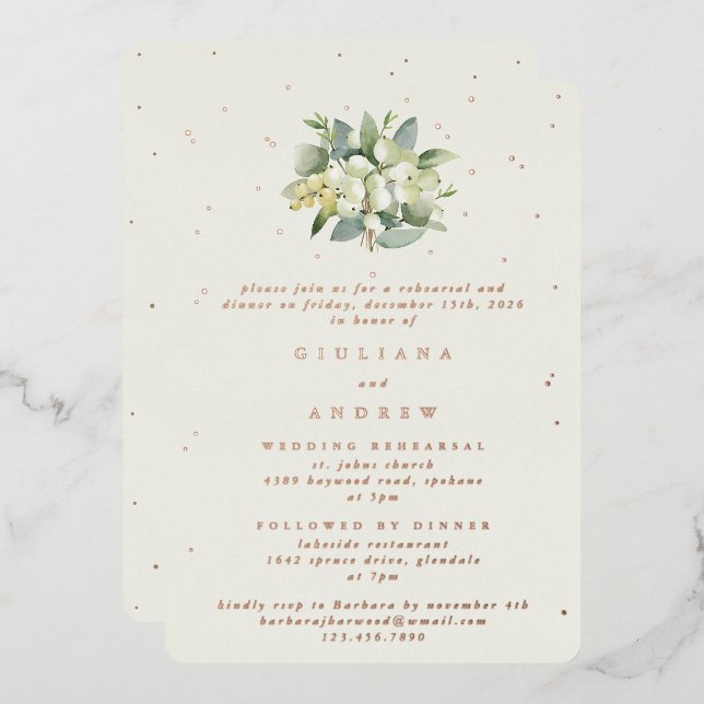 Cream Snowberry+Eucalyptus Wedding Rehearsal Foil Invitation (Front/Back)
