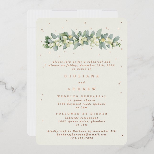 Cream Snowberry+Eucalyptus Wedding Rehearsal Foil Invitation (Envelope)