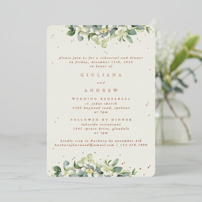 Cream Snowberry+Eucalyptus Wedding Rehearsal Foil Invitation (Standing Front)
