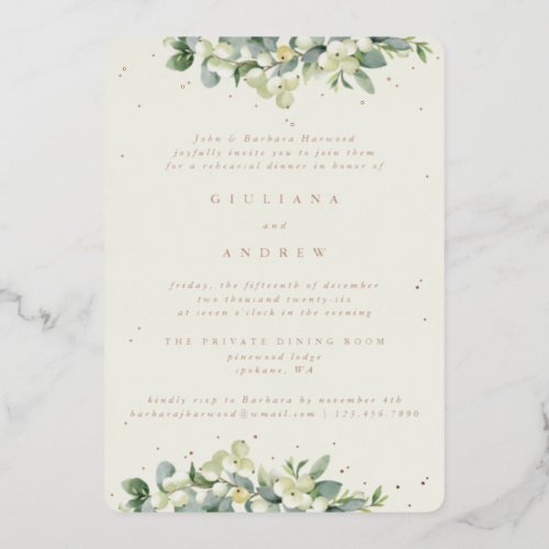 Cream SnowberryEucalyptus Wedding Rehearsal Foil Invitation