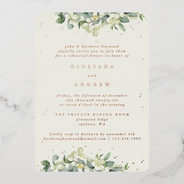 Cream Snowberry+Eucalyptus Wedding Rehearsal Foil Invitation (Front)