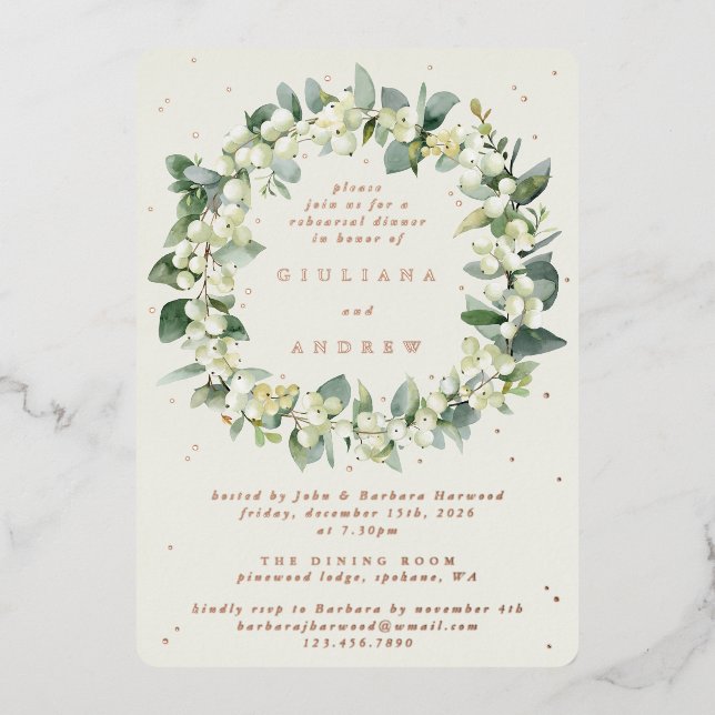 Cream Snowberry+Eucalyptus Wedding Rehearsal Foil Invitation (Front)