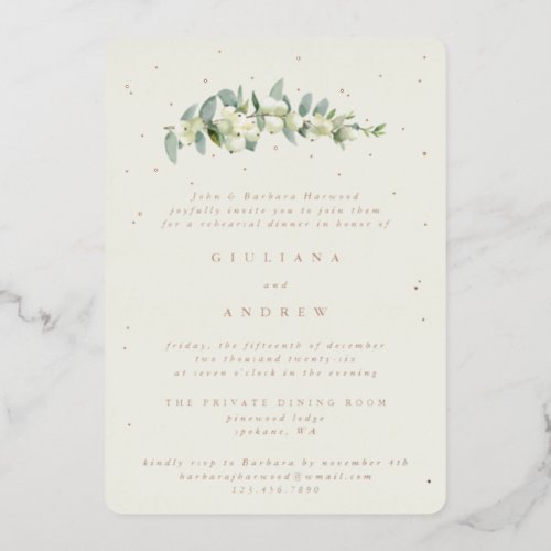 Cream SnowberryEucalyptus Wedding Rehearsal Foil Invitation