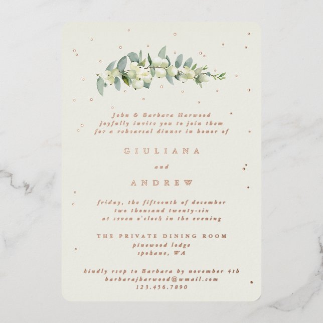 Cream Snowberry+Eucalyptus Wedding Rehearsal Foil Invitation (Front)