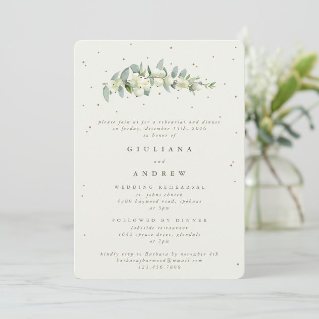 Cream Snowberry+Eucalyptus Wedding Rehearsal Invitation (Standing Front)