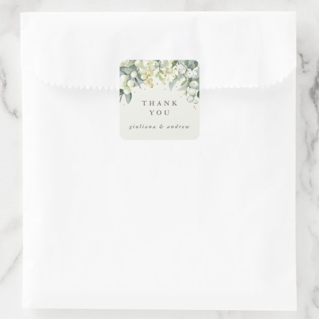 Cream Snowberry+Eucalyptus Wedding Thank You Square Sticker (Bag)
