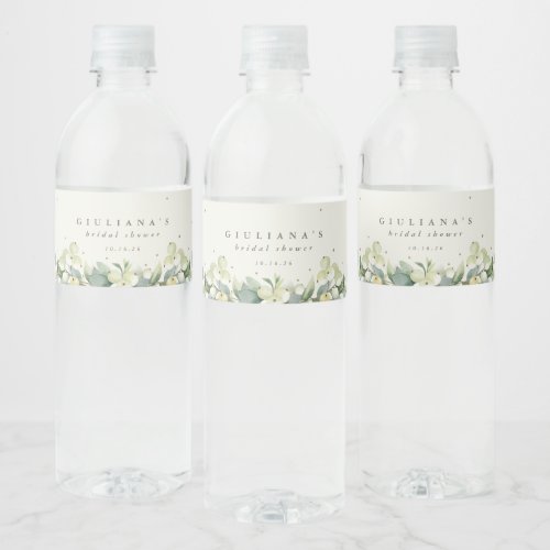 Cream SnowberryEucalyptus Winter Bridal Shower Water Bottle Label