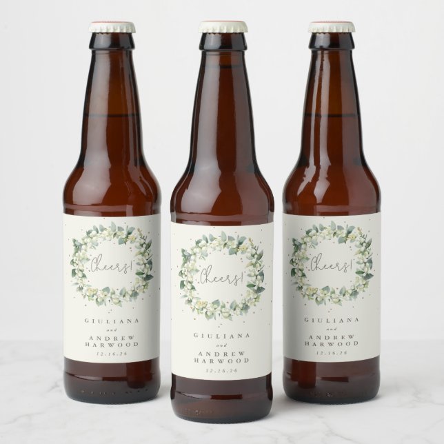 Cream Snowberry+Eucalyptus Winter Wedding Beer Bottle Label (Bottles)