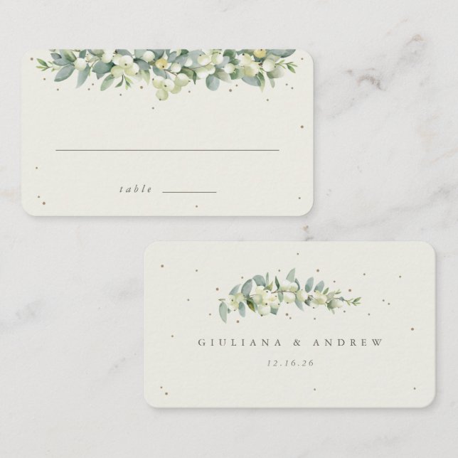 Cream Snowberry+Eucalyptus Winter Wedding Flat Place Card (Front/Back)