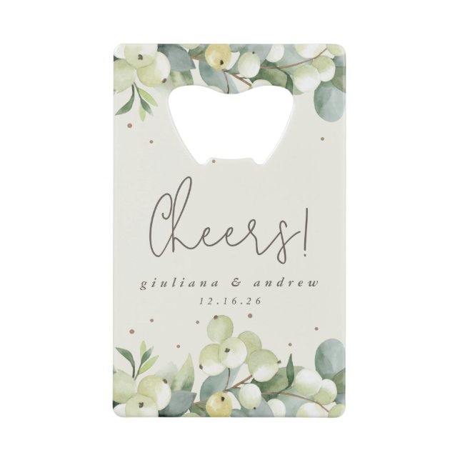 Cream Snowberry+Eucalyptus Winter Wedding Mini Credit Card Bottle Opener (Front)