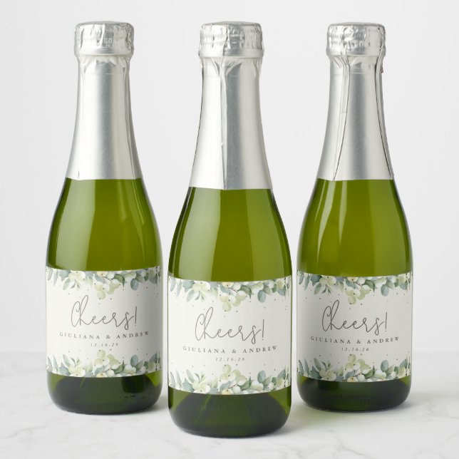 Cream Snowberry+Eucalyptus Winter Wedding Mini Sparkling Wine Label (Bottles)