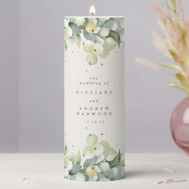 Cream Snowberry+Eucalyptus Winter Wedding Pillar Candle (In Situ)