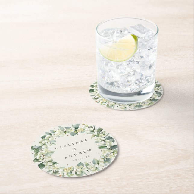 Cream Snowberry & Eucalyptus Winter Wedding  Round Paper Coaster (Insitu)