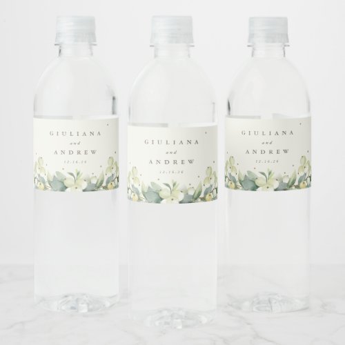 Cream SnowberryEucalyptus Winter Wedding Water Bottle Label