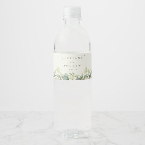 Cream SnowberryEucalyptus Winter Wedding Water Bottle Label