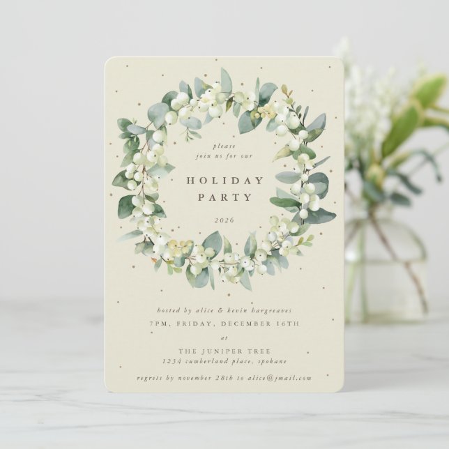 Cream Snowberry+Eucalyptus Wreath Holiday Party Invitation (Standing Front)