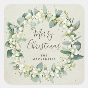 Cream Snowberry+Eucalyptus Wreath Merry Christmas Square Sticker