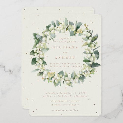 Cream SnowberryEucalyptus Wreath Winter Wedding Foil Invitation