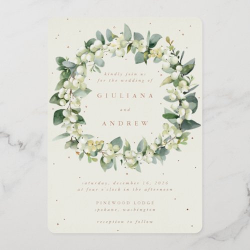 Cream SnowberryEucalyptus Wreath Winter Wedding Foil Invitation