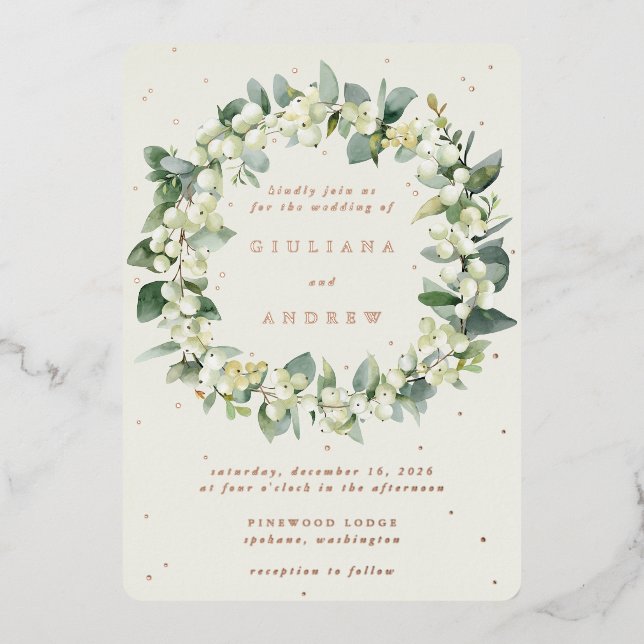 Cream Snowberry+Eucalyptus Wreath Winter Wedding Foil Invitation (Front)