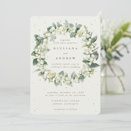 Cream SnowberryEucalyptus Wreath Winter Wedding Invitation