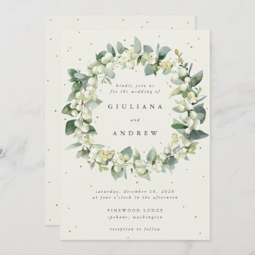 Cream SnowberryEucalyptus Wreath Winter Wedding Invitation